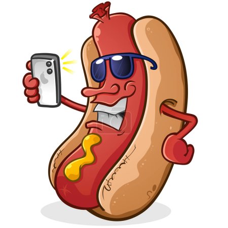 Téléchargez les illustrations : Hot dog avec attitude personnage de dessin animé prendre un selfie et poster ses mises à jour de statut à ses milliers de disciples des médias sociaux et regarder super cool tout en le faisant clip art vectoriel - en licence libre de droit