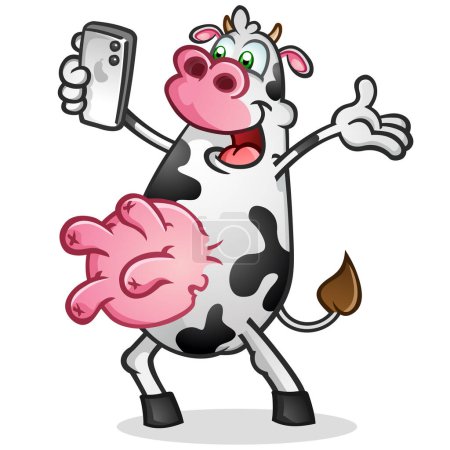 Téléchargez les illustrations : Happy cow cartoon prendre un autoportrait selfie pour les médias sociaux pour montrer ses grandes mamelles pleines et taches noires et blanches et regarder cool pour ses disciples clip art vectoriel - en licence libre de droit