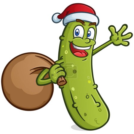 Photo for Christmas pickle cartoon character holding a big sack of presents and toys for all the good girls and boys and waving happily and wishing you a happy holiday season - Royalty Free Image