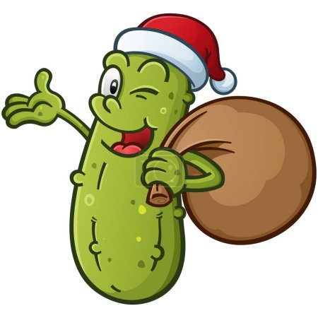 Ilustración de Navidad Santa Pickle dibujos animados sonriendo, guiñando un ojo y usando un sombrero de santa rojo y blanco y llevando un saco lleno de juguetes y golosinas - Imagen libre de derechos