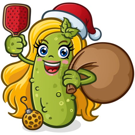 Photo for Christmas pickle girl cartoon character holding pickleball paddle and ball with a big sack of presents and toys for all the good girls and boys vector clip art - Royalty Free Image