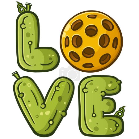 Photo for Pickleball Love wording written in a pickle font with vines and stems and a large pickle ball for the letter o, a great way to show your love of the sport on shirts, flyers or advertisements - Royalty Free Image