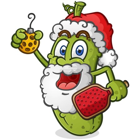 Photo for Christmas Santa Pickle cartoon with a big white beard and holding pickleball ornaments and gear full of holiday cheer vector clip art - Royalty Free Image