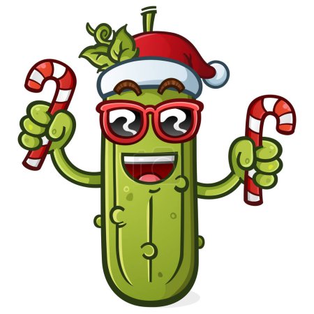 Photo for Cool christmas pickle cartoon with attitude and sunglasses holding a a couple festive candy canes for all the good girls and boys on christmas morning - Royalty Free Image