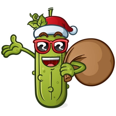 Photo for Cool christmas pickle cartoon with attitude and sunglasses holding a santa sack of toys for all the good girls and boys on christmas day - Royalty Free Image