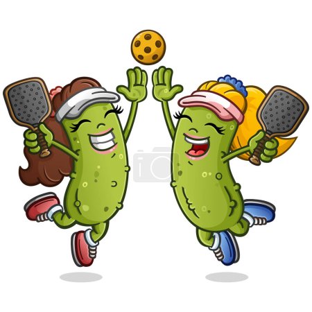 Illustration for Two pickle girl cartoon characters jumping and giving an enthusiastic high five and holding rackets after winning the big pickleball match against some heated rivals - Royalty Free Image