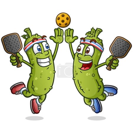 Illustration for A couple pickle cartoon teammates jumping and giving an enthusiastic high five and holding rackets after winning the big pickleball match against some heated opponents - Royalty Free Image