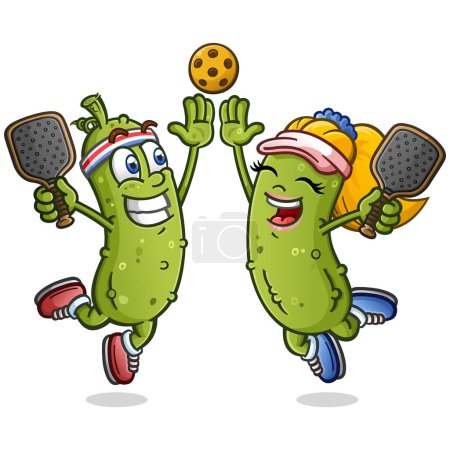 Photo for A cute pickle cartoon couple out on a date night to the pickleball courts leaping in the air and giving a big enthusiastic high five to celebrate a team victory on the court - Royalty Free Image