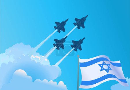 Téléchargez les illustrations : Drapeau national israélien et avions de chasse militaires flottant dans le ciel bleu - en licence libre de droit