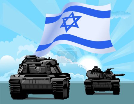 Téléchargez les illustrations : Silhouettes des chars de l'armée et drapeau d'Israël. Opération terrestre israélienne. - en licence libre de droit