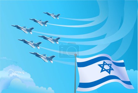 Téléchargez les illustrations : Drapeau national israélien et avions de chasse militaires flottant dans le ciel bleu - en licence libre de droit