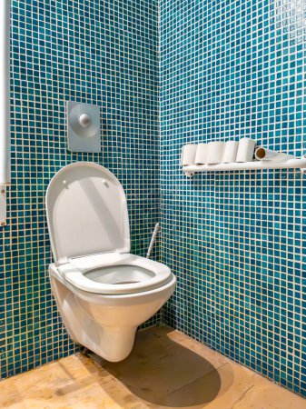 Ein modernes Badezimmer mit einer an der Wand angebrachten Toilette mit blauen Mosaikfliesen und einem Regal mit Toilettenpapierrollen