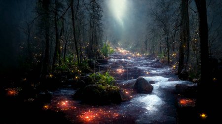 Foto de Mystery background river flowing in dark forest. Fantasy fairytale outdoor river with moonlight background. 3D rendering image. - Imagen libre de derechos