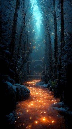 Photo for Mystery background red river flowing in dark forest. Fantasy fairytale outdoor red river with moonlight background. 16:9 phone wallpaper. 3D rendering image. - Royalty Free Image