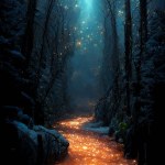 Mystery background red river flowing in dark forest. Fantasy fairytale outdoor red river with moonlight background. 16:9 phone wallpaper. 3D rendering image.