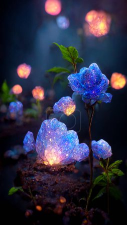 Photo for Fantasy fairy tale background forest blooming violet roses flower. Fabulous fairytale outdoor garden background. 16:9 phone wallpaper. 3D rendering image. - Royalty Free Image