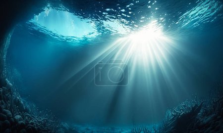 Foto de Hermosa bajo fondo marino azul profundo. Vista submarina con rayos de sol. Ilustración 3D. - Imagen libre de derechos
