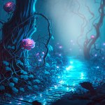 Beautiful pink roses blooming in dark forest. Illustration image.