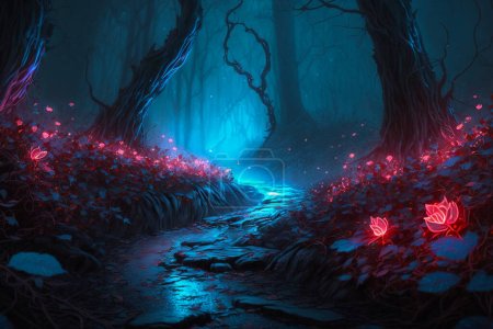 Beautiful pink flower blooming in dark forest. Illustration image.
