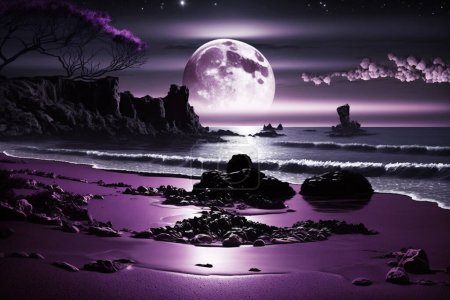 Foto de Hermoso paisaje marino con fondo de luna llena. Playa oscura escena natural con luz de luna. - Imagen libre de derechos