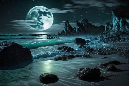 Foto de Hermoso paisaje marino con fondo de luna llena. Playa oscura escena natural con luz de luna. - Imagen libre de derechos