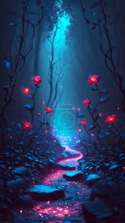 Fantasy beautiful blooming pink roses flower in the garden with moonlight background. 3D rendering image.