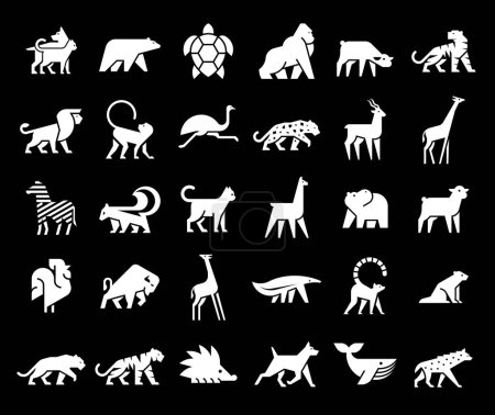 Téléchargez les illustrations : Collection de logos pour animaux. Ensemble de logo animal. Isolé sur fond noir - en licence libre de droit