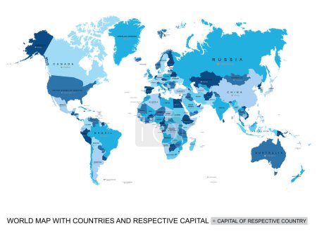 Téléchargez les photos : Carte du monde politique vectorielle bleue abstraite avec les pays et le nom de la capitale, à la frontière.Une illustration moderne détaillée peut être utilisée pour la présentation, le rapport, le t-shirt, l'affiche ou les modèles géographiques.Carte administrative isolée simplifiée.. - en image libre de droit