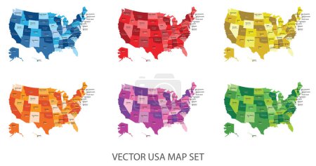 Illustration for Abstract multi color set of united states of America map with states and capital name,border.Detailed vector modern illustration can be use for presentation,report,t-shirt,poster or geographical templates.Simplified isolated administrative map. - Royalty Free Image
