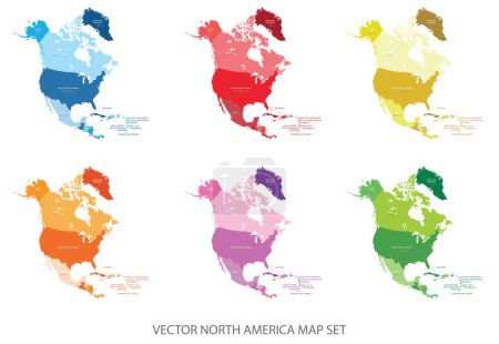 Téléchargez les photos : Ensemble de vecteurs multicolores abstraits de carte politique de l'Amérique du Nord avec les pays et le nom de la capitale, à la frontière.Illustration moderne détaillée à utiliser pour la présentation, le rapport, le t-shirt, l'affiche, les modèles géographiques.. - en image libre de droit