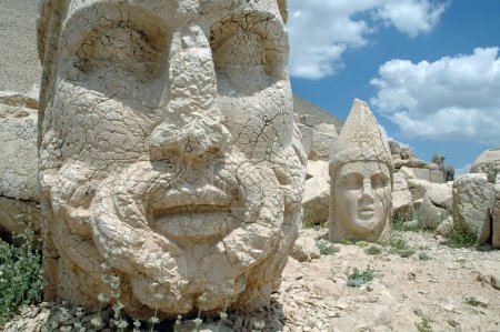 Photo for Giant God heads on Mount Nemrut. Anatolia, Turkey. Ancient colossal stone statues representing legendary mythological figures - Royalty Free Image