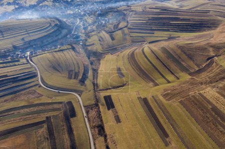 Above aerial view over agricultural fields in the autumn