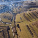 Above aerial view over agricultural fields in the autumn