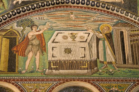 Opfer Abels und Melchisedeks Mosaik in der Basilika San Vitale in Ravenna, Emilia-Romagna, Italien.