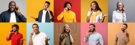 Photo for A diverse group of people are engaged in phone conversations, showcasing a variety of emotions from happiness to casual conversation. The universal nature of mobile communication in modern life - Royalty Free Image