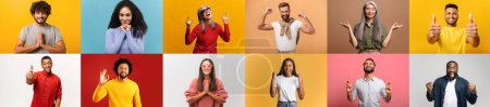 Photo for Set of people, each showing positive gestures such as thumbs-up or a prayer sign, set against various colored backgrounds, reflecting themes of positivity, approval, and gratitude - Royalty Free Image