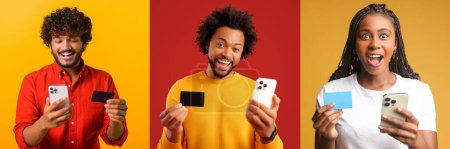Photo for Joyous individuals from different backgrounds display mobile phones and credit cards, their expressions ranging from excited to pleasantly surprised, possibilities of modern technology and finance - Royalty Free Image