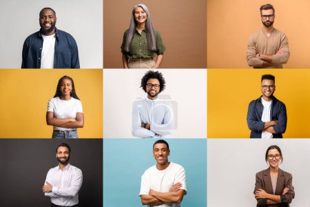 Photo for A collage of diverse individuals displaying confident poses against solid colored backgrounds. Concept of a variety of professional and casual styles, illustrating the multiplicity of modern society - Royalty Free Image