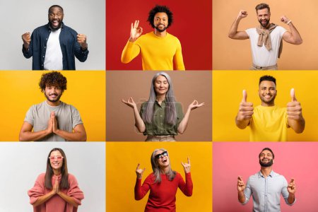 Photo for A collection of joyful individuals each displaying a unique gesture of celebration or calm against vividly colored backdrops. The composition celebrates positivity and well-being - Royalty Free Image