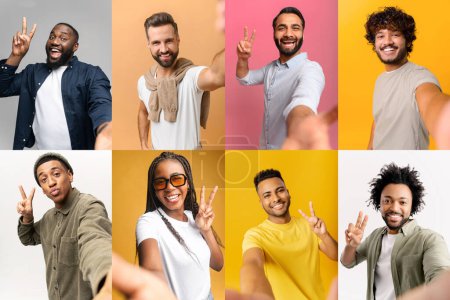 Photo for Collage a group of people taking selfies, each one making peace sign with their fingers. Youth culture and the selfie phenomenon, ideal for targeting a young, diverse audience in advertising campaigns - Royalty Free Image