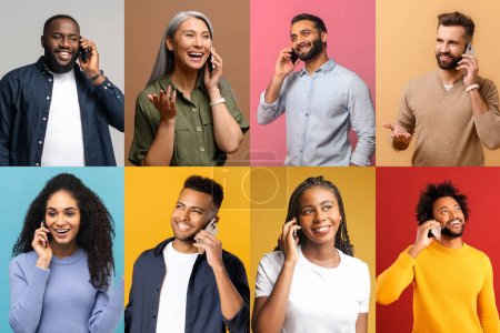Photo for This compilation of individuals engaging in phone conversations, with expressions ranging from laughter to contemplative listening, represents the seamless integration of technology into daily life - Royalty Free Image