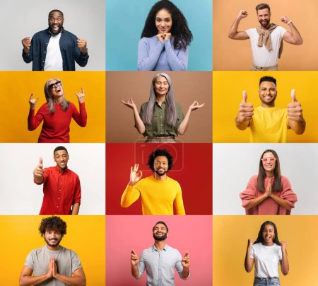 Diese Kollektion zeigt Individuen in ausdrucksstarken, freudigen Posen, jede vor einem farbigen Hintergrund, die Erfolg und Glück zeigen, mit erhobenem Daumen, Siegeszeichen und Händen in Meditationspositionen.