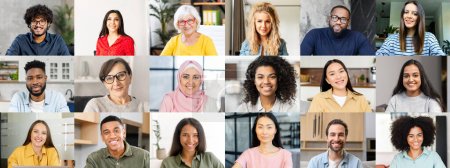 Photo for A vibrant collage showcases individuals from various cultural backgrounds in a mix of professional and casual attire, all sharing authentic smiles and a sense of confidence - Royalty Free Image