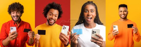 Photo for Collage of four joyful individuals engaged with technology and finance, each holding a smartphone and a credit card, with expressions ranging from cheerful to astonished - Royalty Free Image