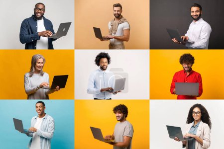Photo for The collage with people of various ages and ethnicities, each holding a laptop, symbolizing connectivity and the digital age, appealing for technology, education, and remote work themes. - Royalty Free Image