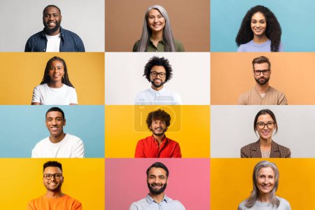 Photo for A vibrant array of individual portraits against colorful backgrounds, each person sporting a friendly, inviting smile, ideal for campaigns that value diversity and aim to connect with a wide audience - Royalty Free Image