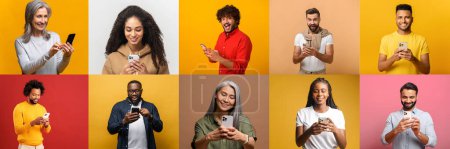 Photo for Collage of individuals various ethnic, each interacting with smartphones and showing varied expressions of joy and delight, possibly to represent connectivity and entertainment smartphones provide - Royalty Free Image