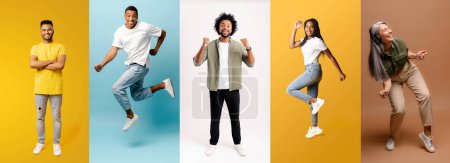 Foto de Este collage muestra a los individuos en poses dinámicas, desde saltar de alegría hasta posturas casuales, todo en un telón de fondo de colores cálidos, ilustrando el movimiento, la libertad y la espontaneidad de la vida. - Imagen libre de derechos