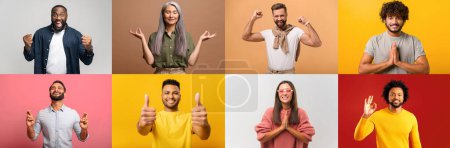 Photo for The set features eight individuals, each showing positive gestures such as thumbs-up or a prayer sign, set against various colored backgrounds, reflecting themes of positivity, approval, and gratitude - Royalty Free Image