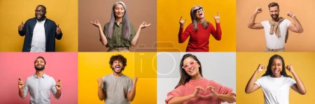 Foto de Collage con grupo de individuos muestra gestos de éxito y emoción, con pulgares hacia arriba y poses celebratorias, ilustrando la alegría del logro y el éxito personal en una variedad de contextos - Imagen libre de derechos